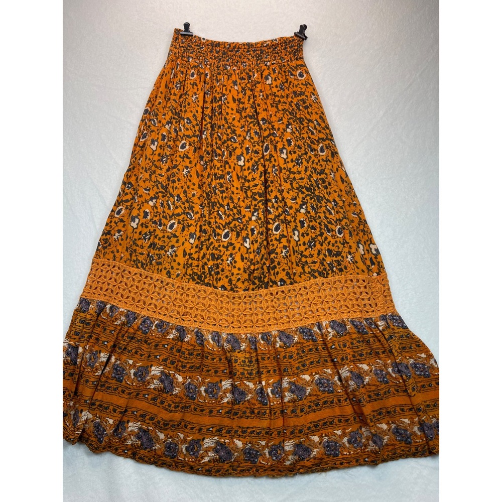 Kings Road Maxi Pull On Skirt Womens M Orange Floral Peasant Crochet Tiered Boho